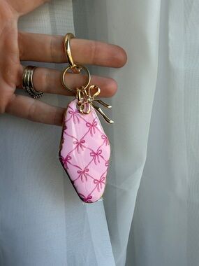Pink Bow Pattern Keychain with Gold Hardware
